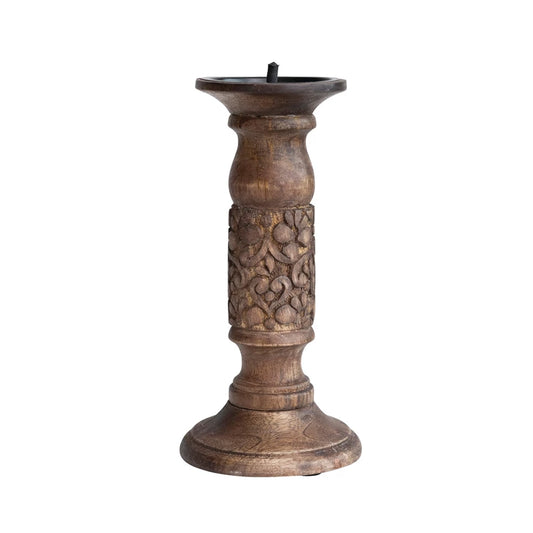 Hand-Carved Mango Wood Candle Holder w/ Design, Walnut Finish