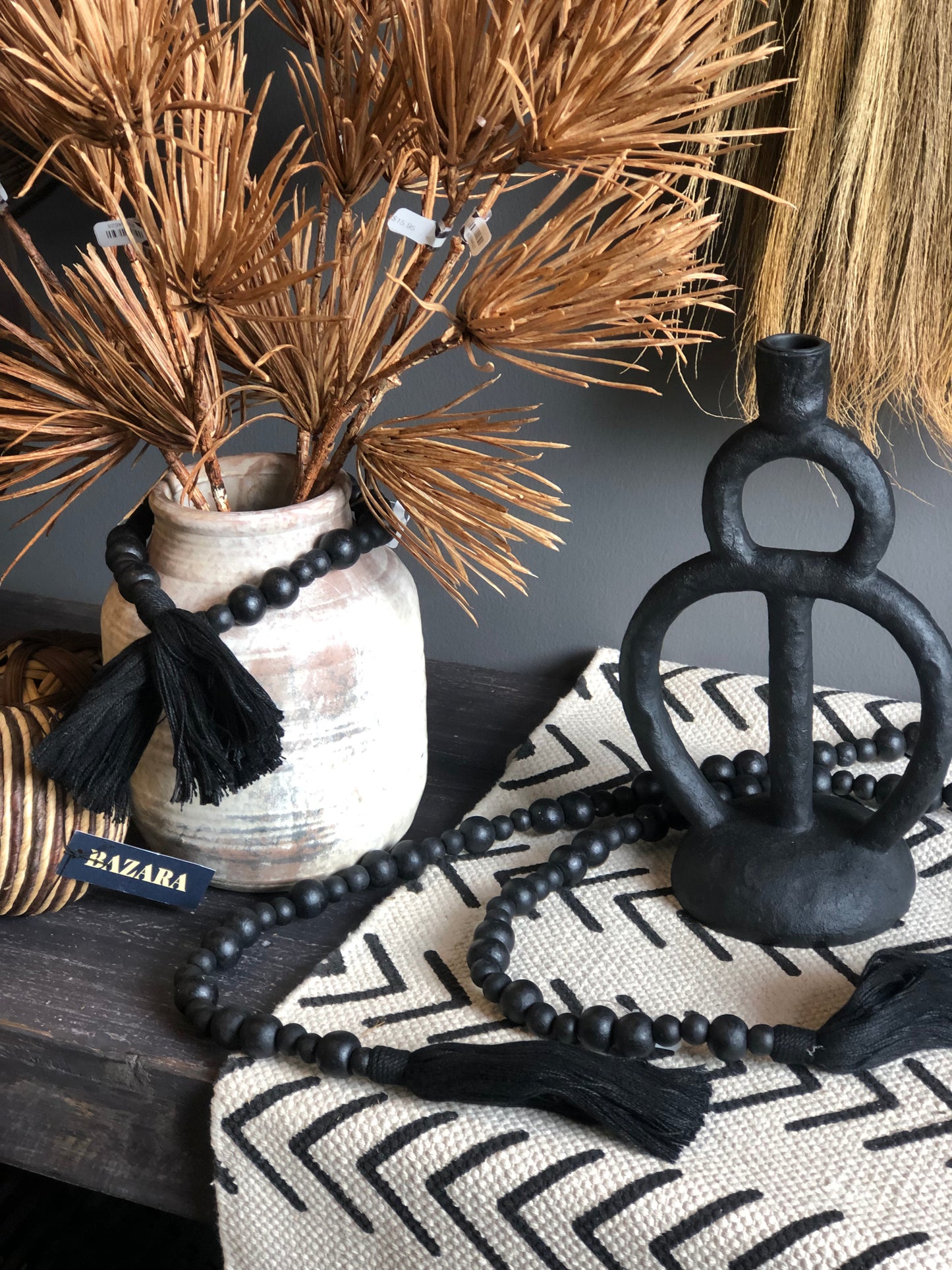 BLACK TASSEL WOOD BEAD GARLAND SET